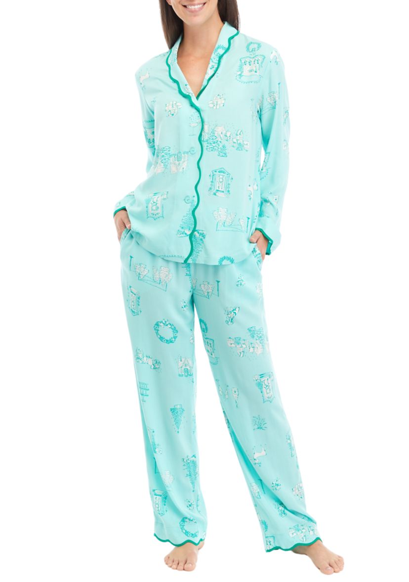 Scalloped Hem Poplin Printed Pajama Set