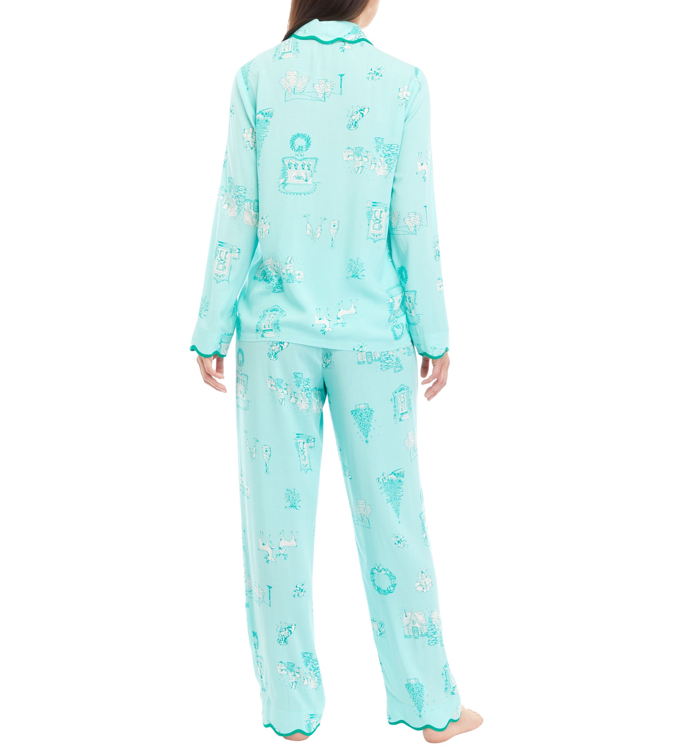 Scalloped Hem Poplin Printed Pajama Set