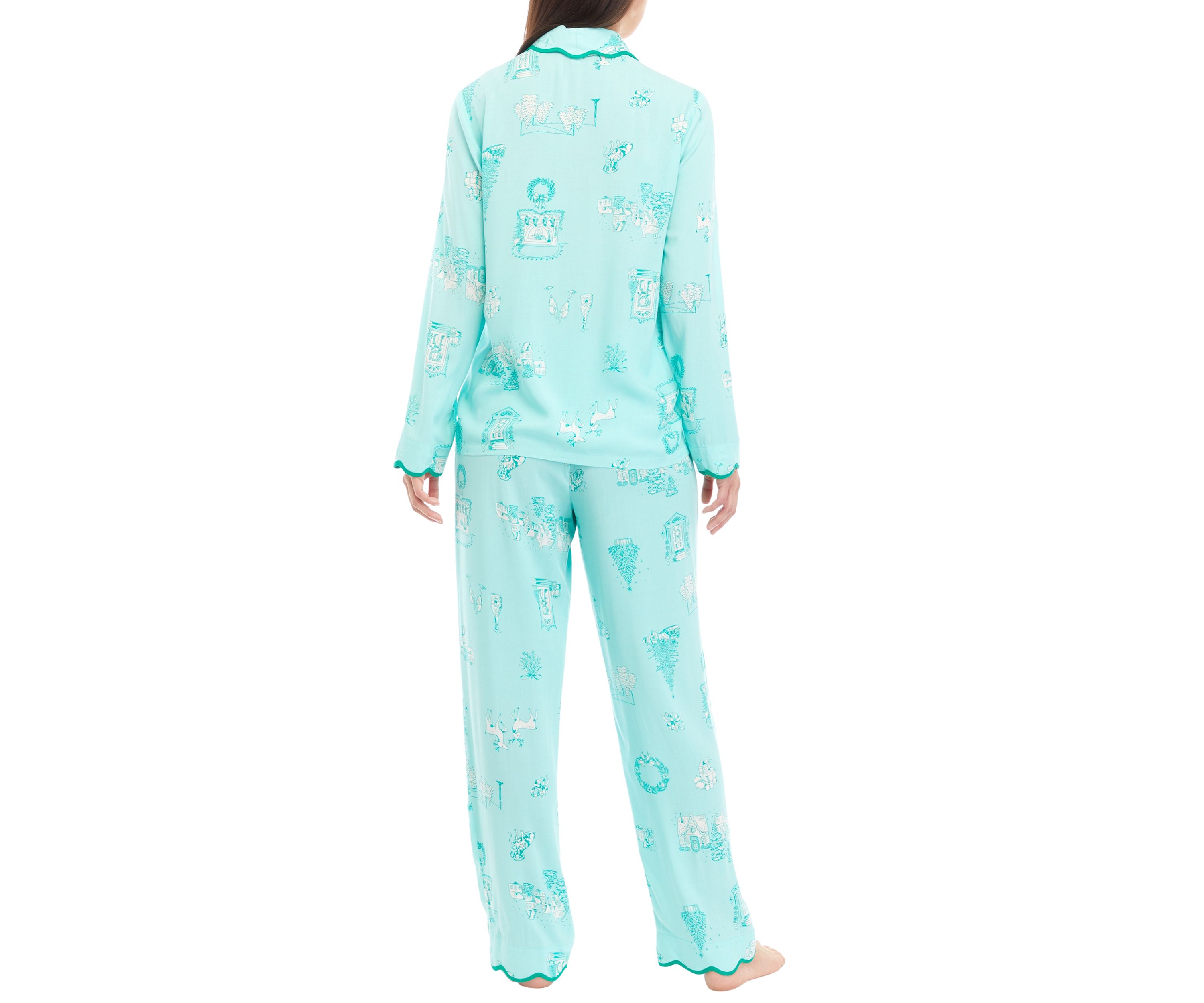 Scalloped Hem Poplin Printed Pajama Set