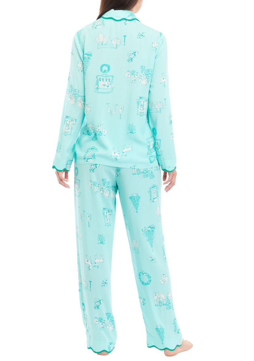 Scalloped Hem Poplin Printed Pajama Set