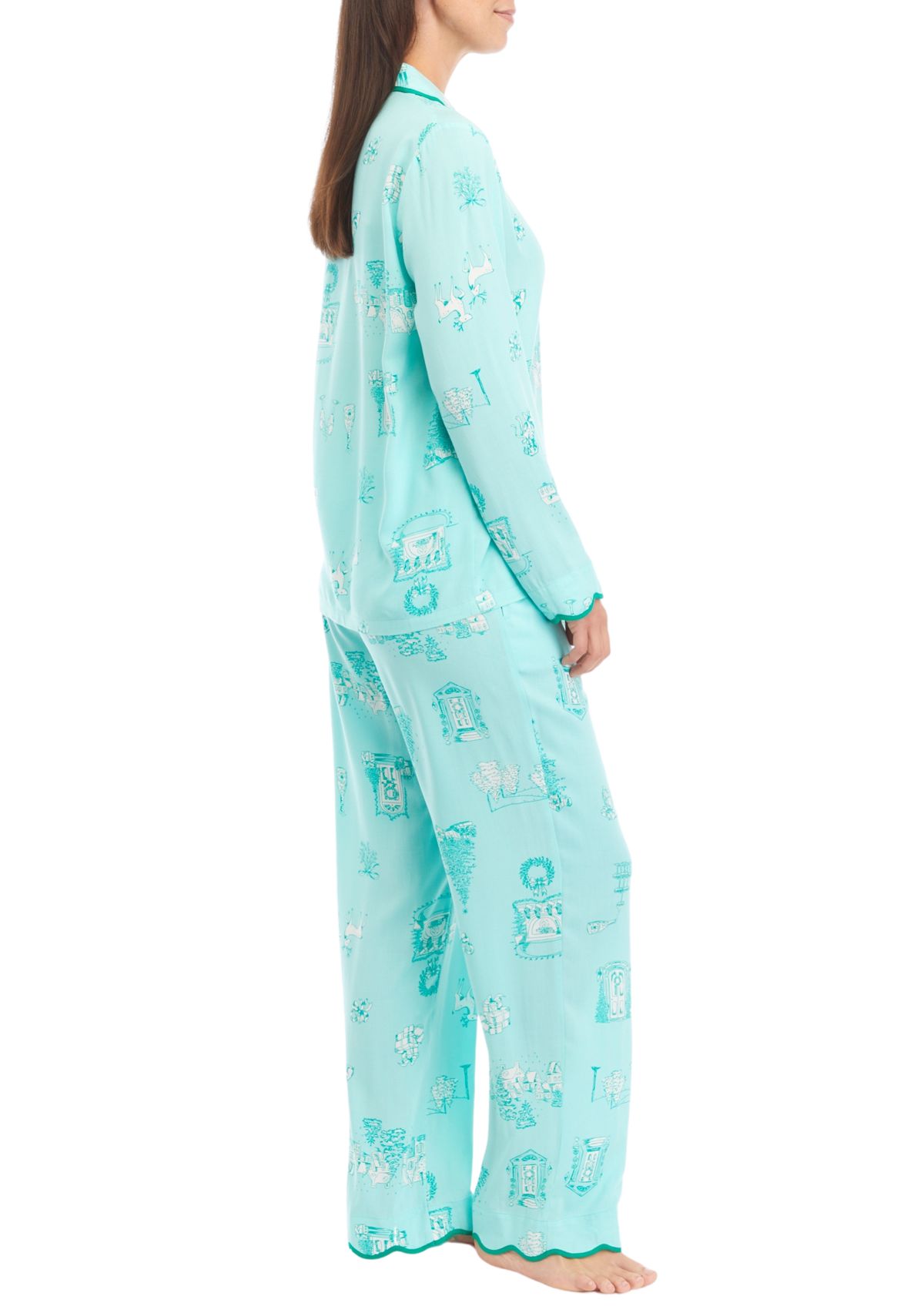 Scalloped Hem Poplin Printed Pajama Set
