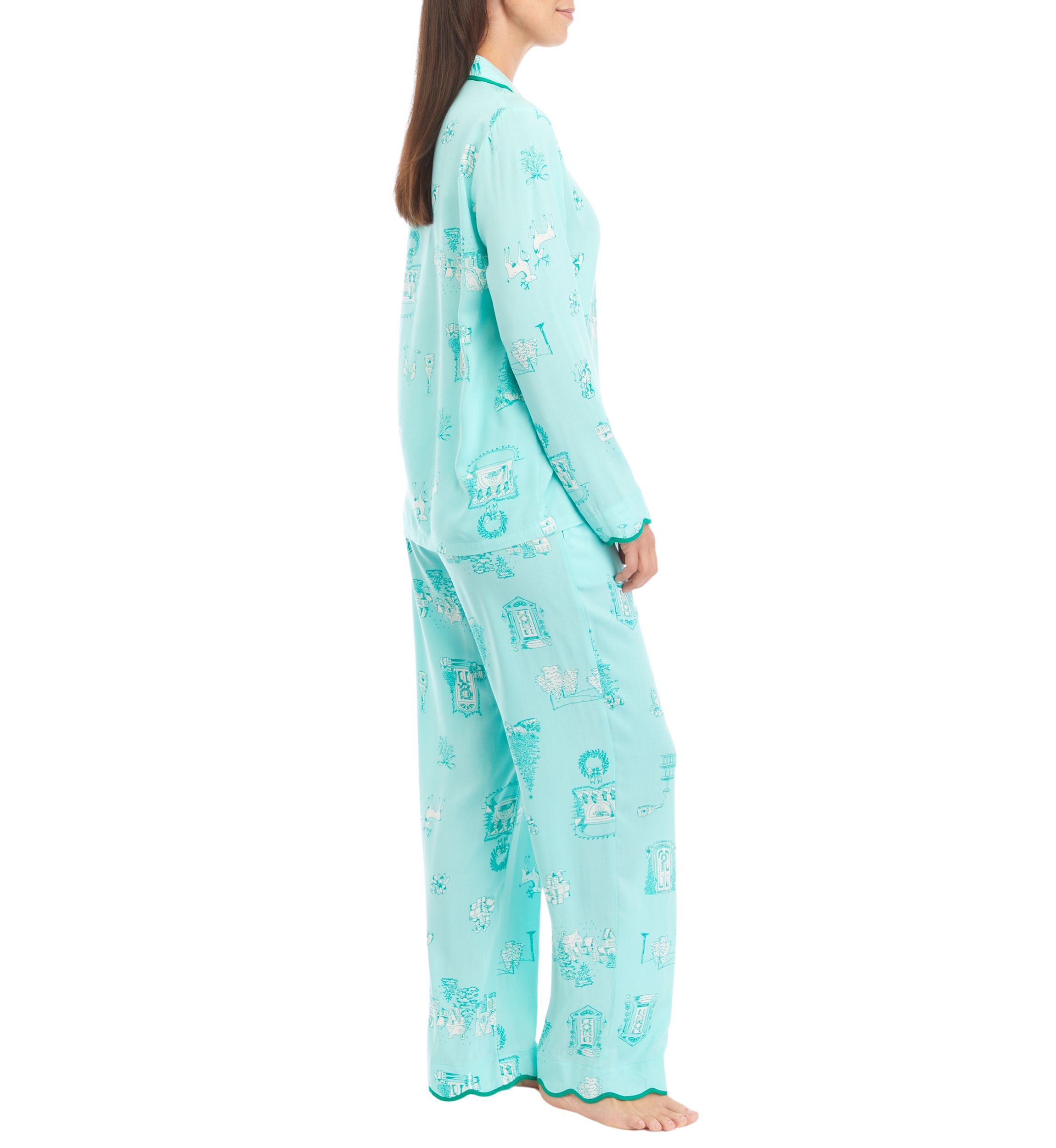 Scalloped Hem Poplin Printed Pajama Set