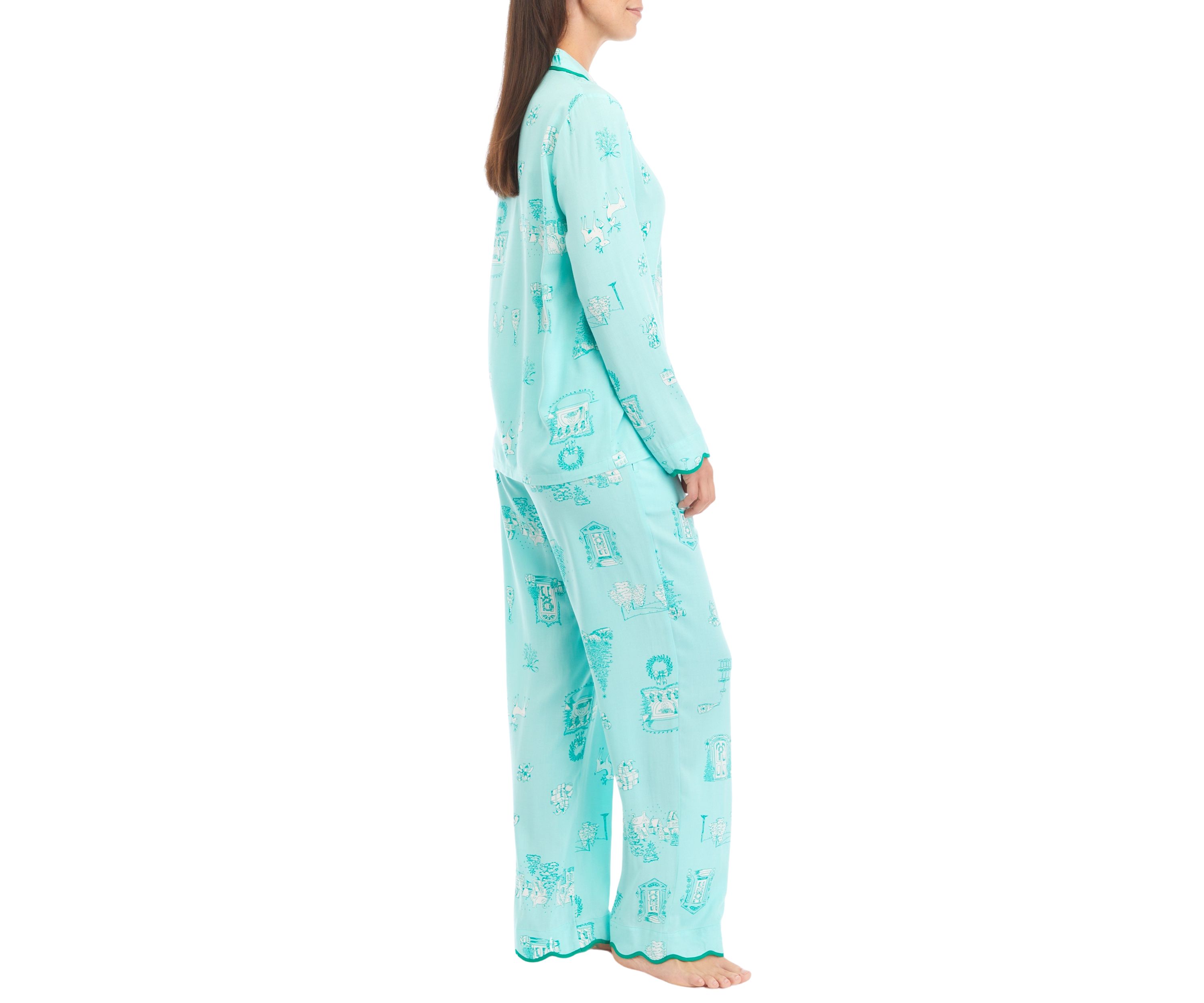 Scalloped Hem Poplin Printed Pajama Set