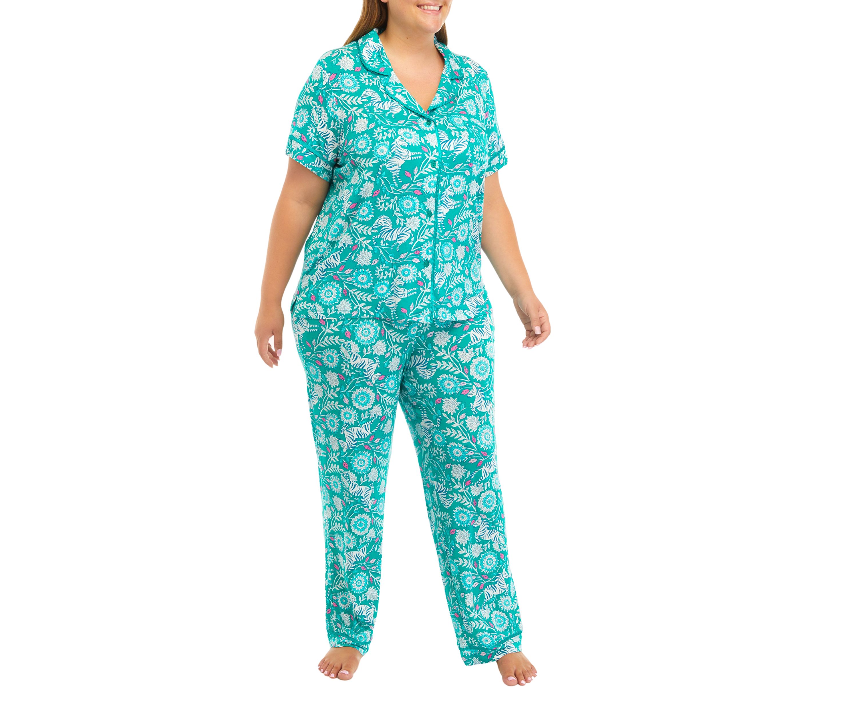Plus Size Printed Notch Pajama Set 