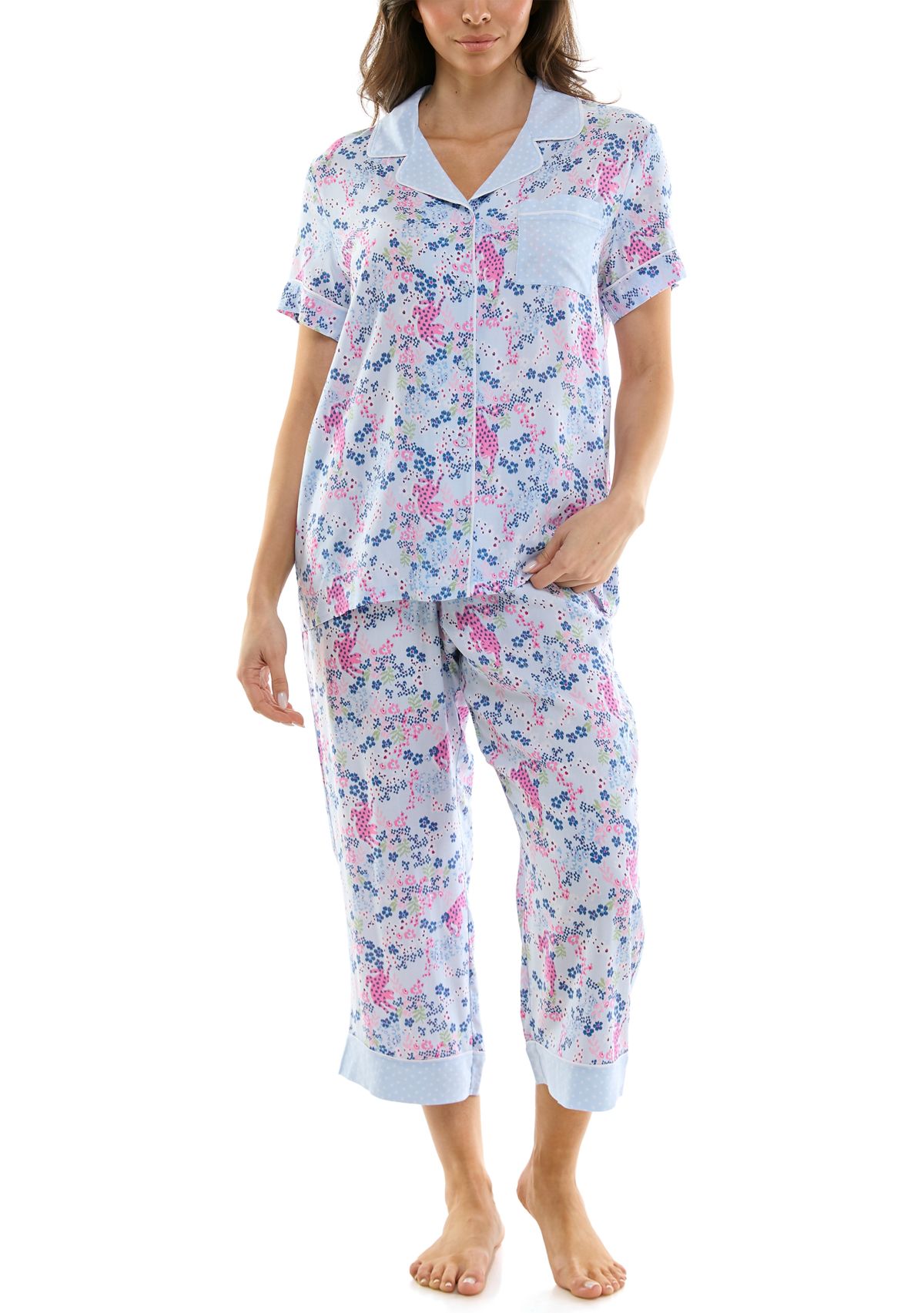 Womens Short Sleeve Notch Twin Woven Capri Pajama Set