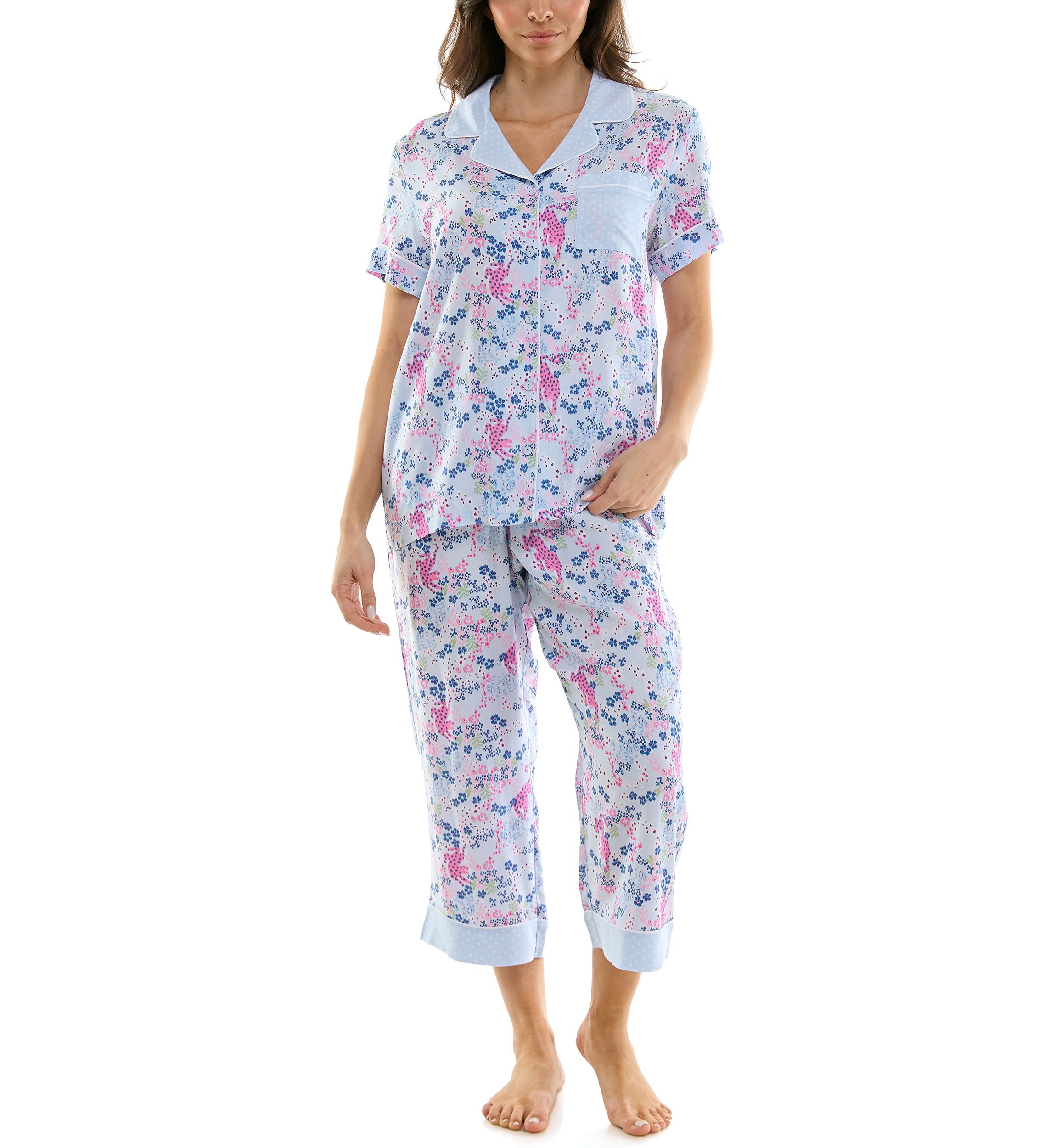 Womens Short Sleeve Notch Twin Woven Capri Pajama Set