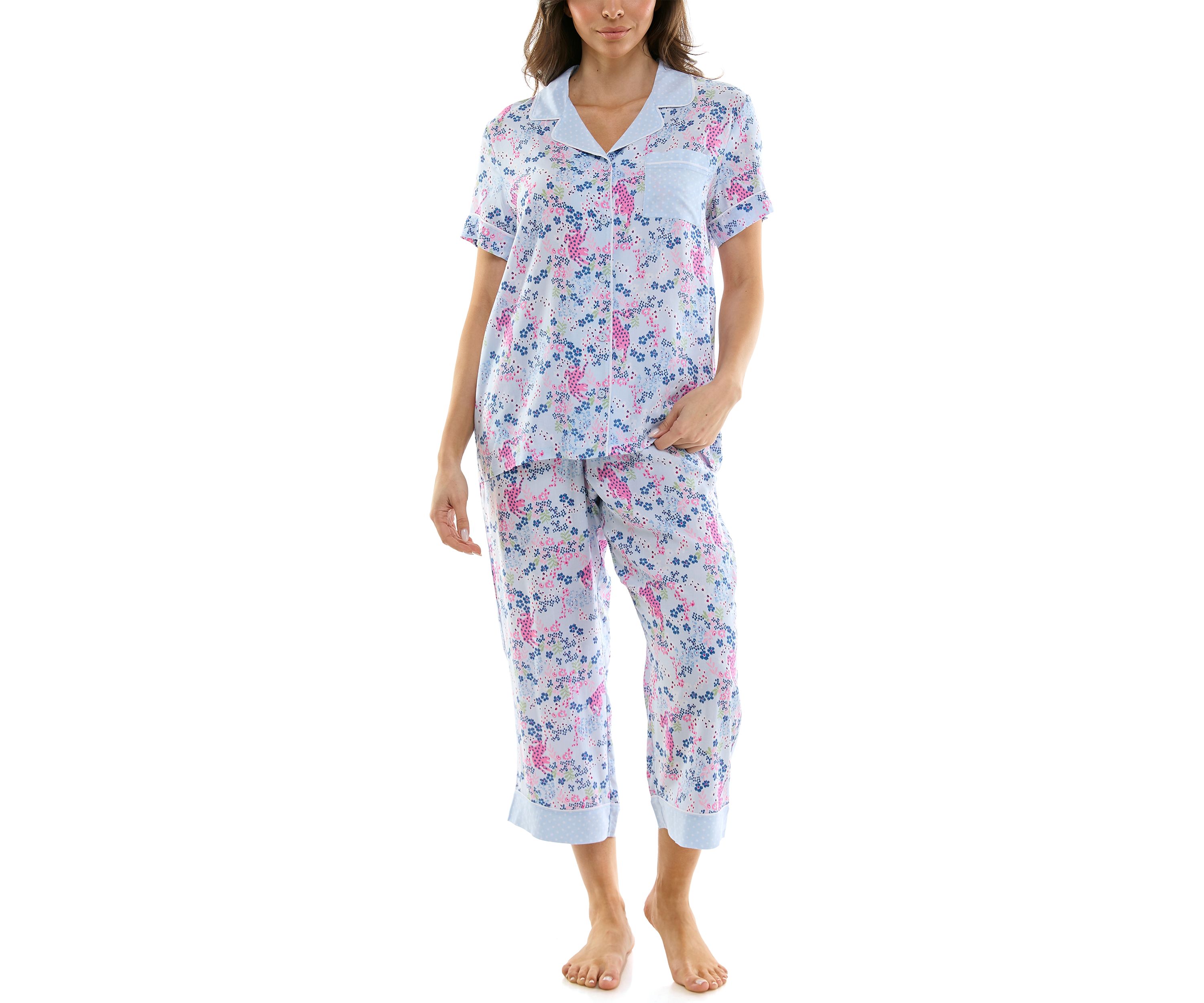Womens Short Sleeve Notch Twin Woven Capri Pajama Set