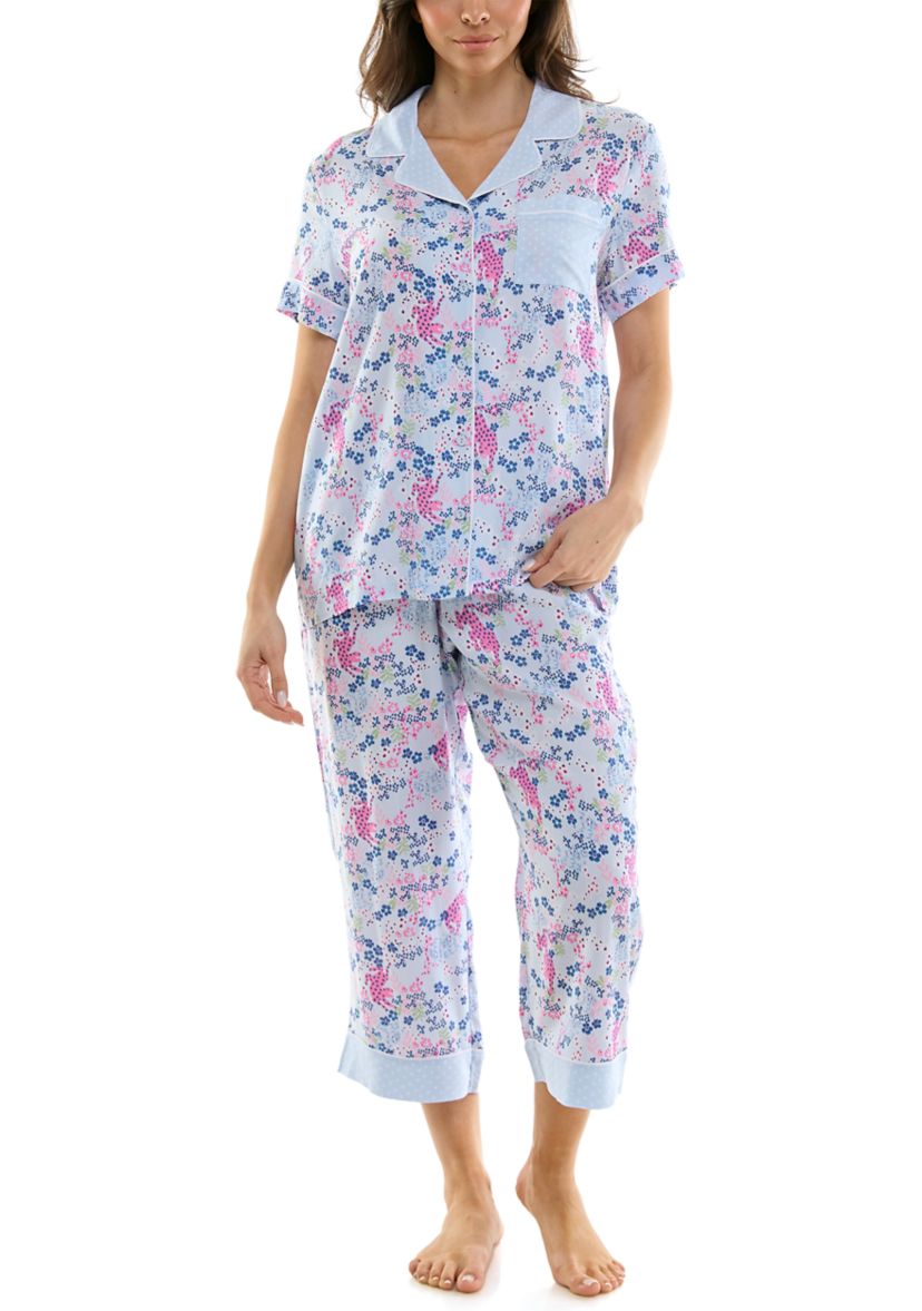 Womens Short Sleeve Notch Twin Woven Capri Pajama Set