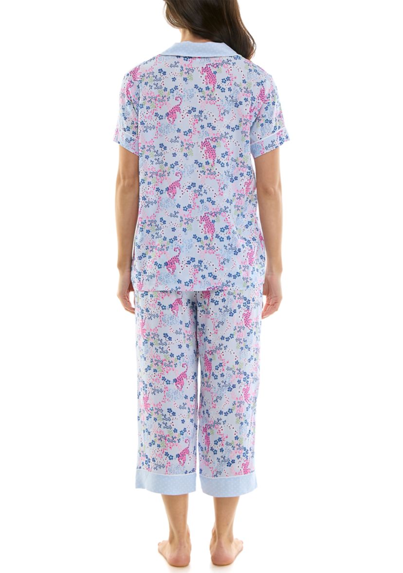 Womens Short Sleeve Notch Twin Woven Capri Pajama Set