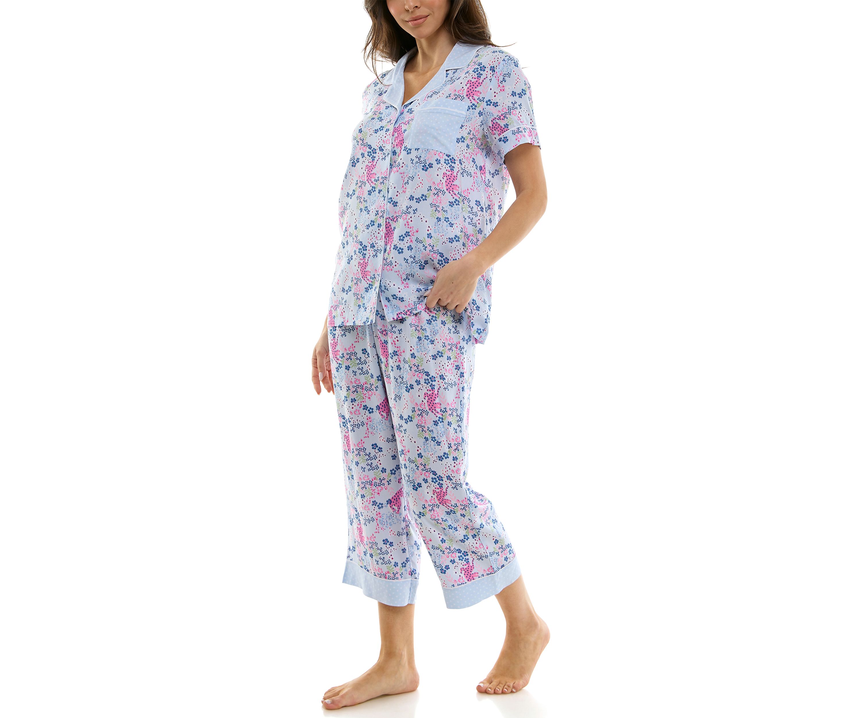 Womens Short Sleeve Notch Twin Woven Capri Pajama Set