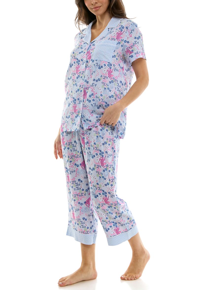 Womens Short Sleeve Notch Twin Woven Capri Pajama Set