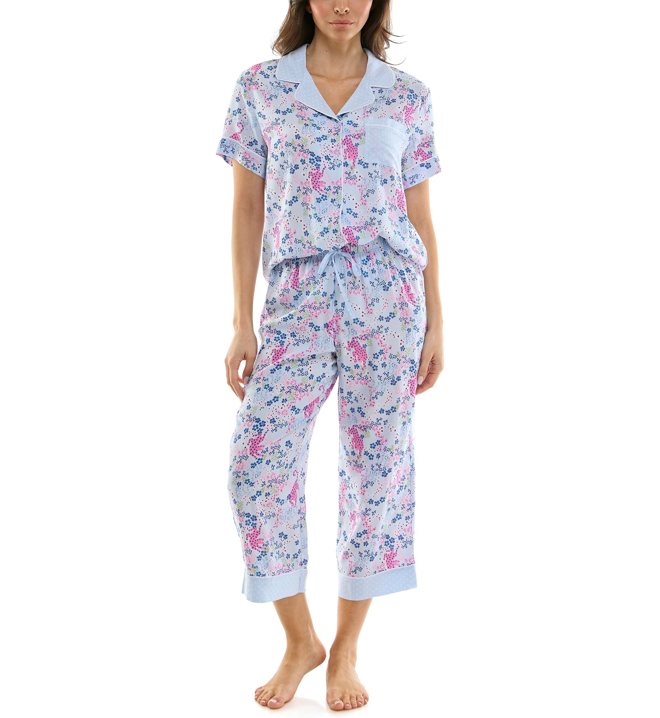 Womens Short Sleeve Notch Twin Woven Capri Pajama Set