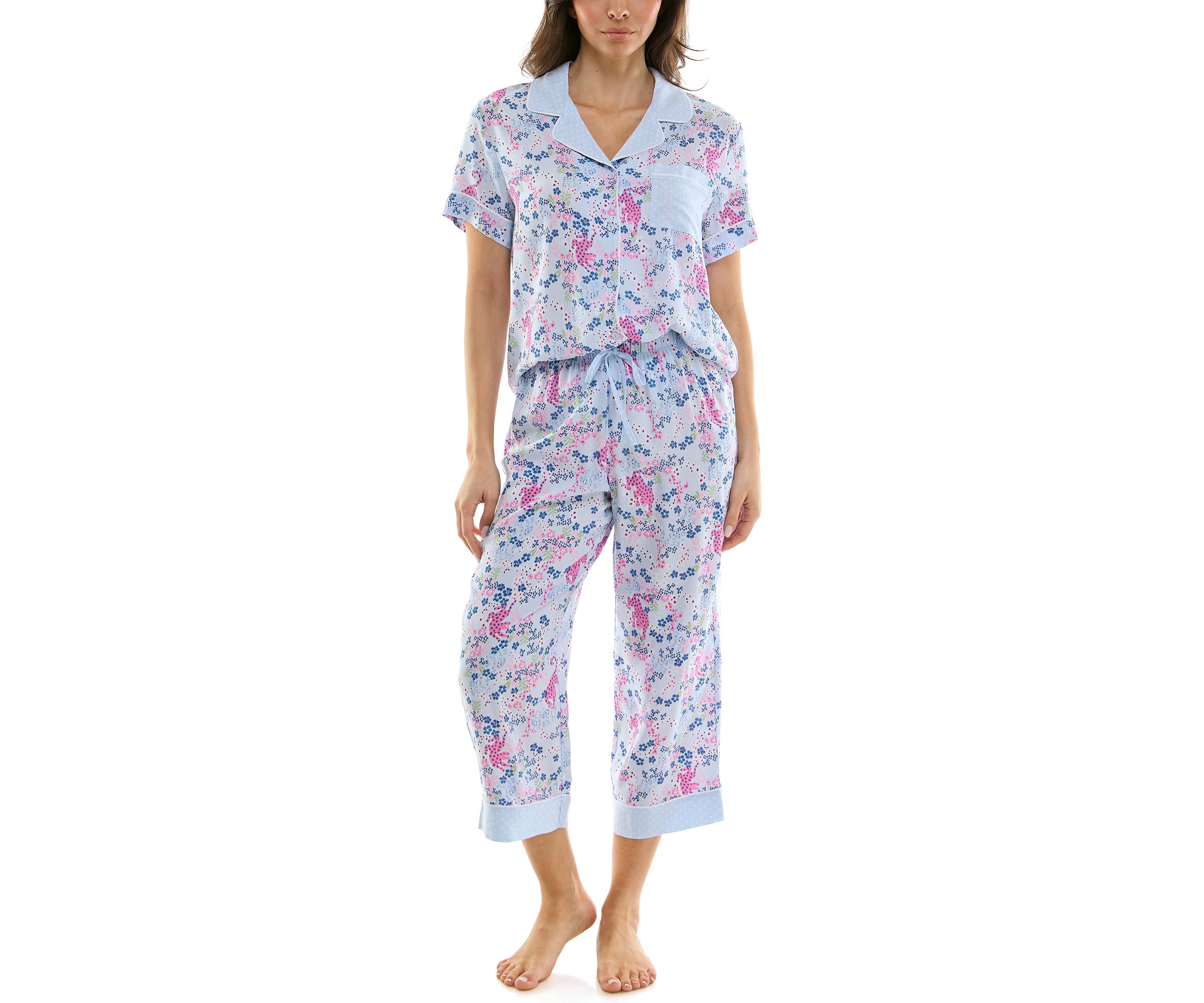 Womens Short Sleeve Notch Twin Woven Capri Pajama Set