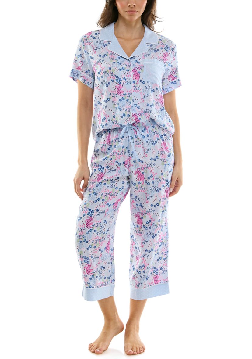 Womens Short Sleeve Notch Twin Woven Capri Pajama Set