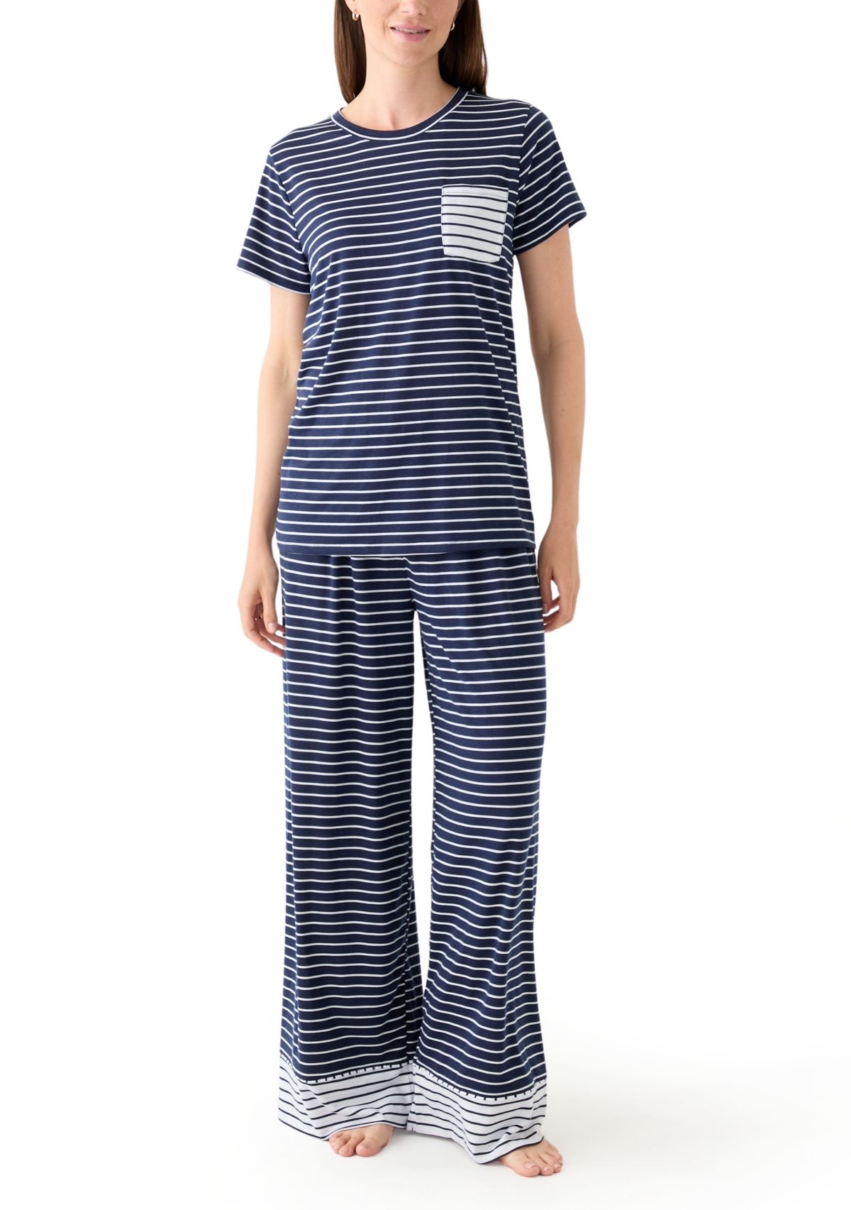 Womens Short Sleeve Top and Wide Leg Pants Knit Pajama Set