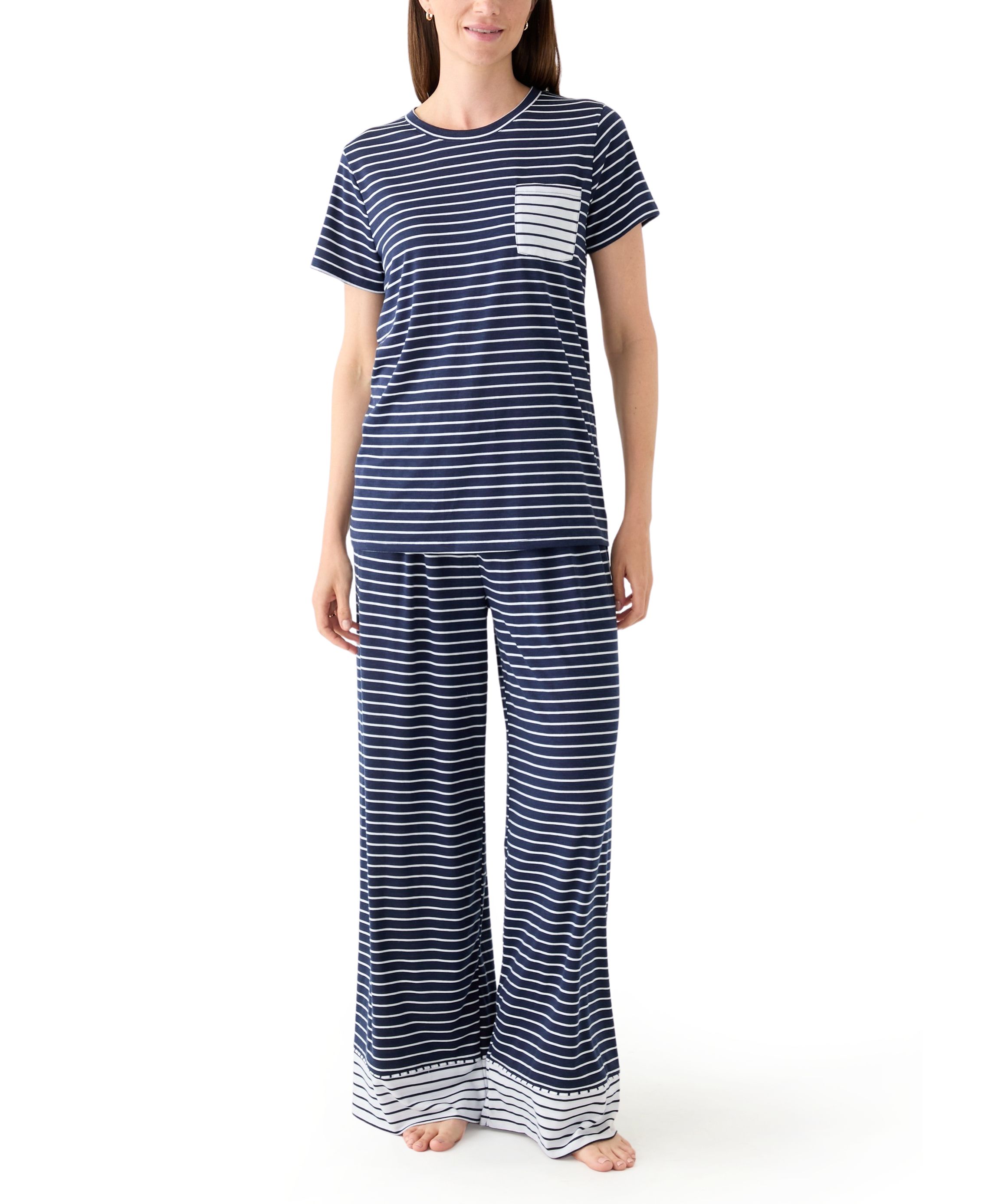 Womens Short Sleeve Top and Wide Leg Pants Knit Pajama Set