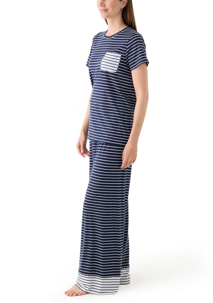 Womens Short Sleeve Top and Wide Leg Pants Knit Pajama Set