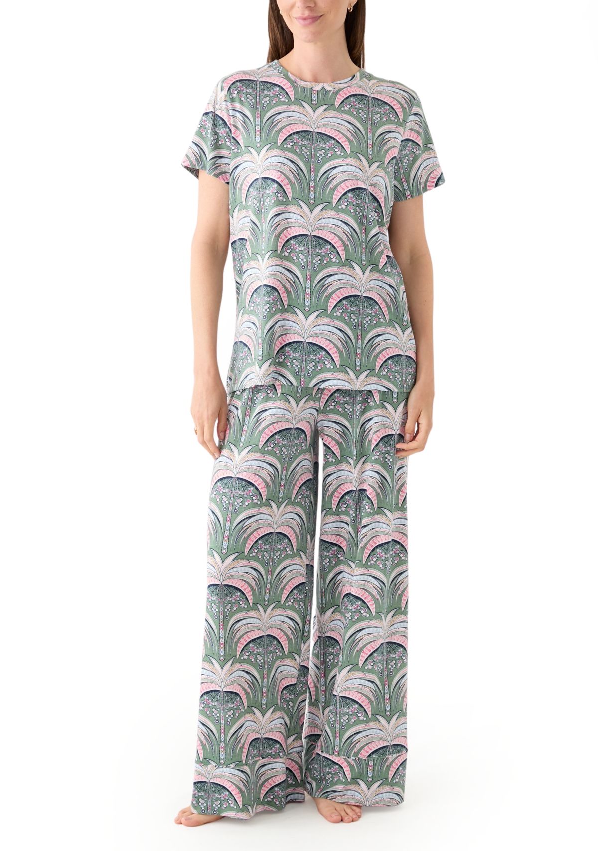 Womens Short Sleeve Wide Crop Knit Pajama Set