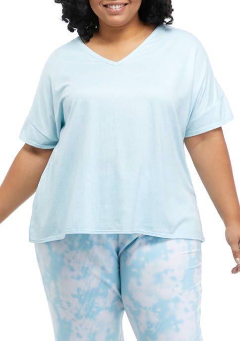 Plus Size Cozy Ribbed Short Sleeve V-Neck Pajama Shirt