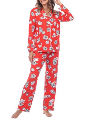 White Mark Women's Long Sleeve Floral Pajama Set, Red, XL