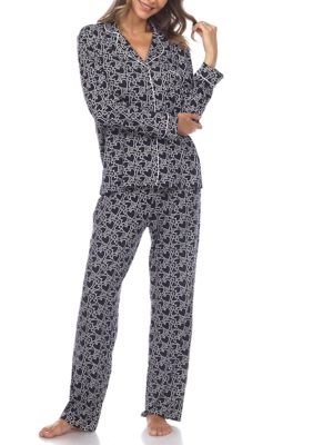 White Mark Women's Long Sleeve Heart Print Pajama Set, Navy Blue, XL
