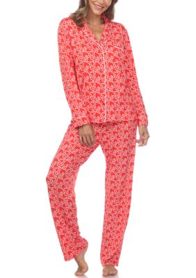 White Mark Women's Long Sleeve Heart Print Pajama Set, Red, XL