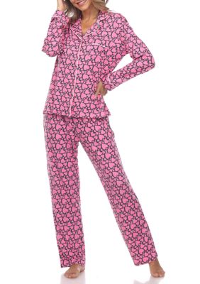 White Mark Women's Long Sleeve Heart Print Pajama Set, Pink, XL