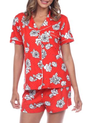 White Mark Women's Short Sleeve Floral Pajama Set, Red, XL