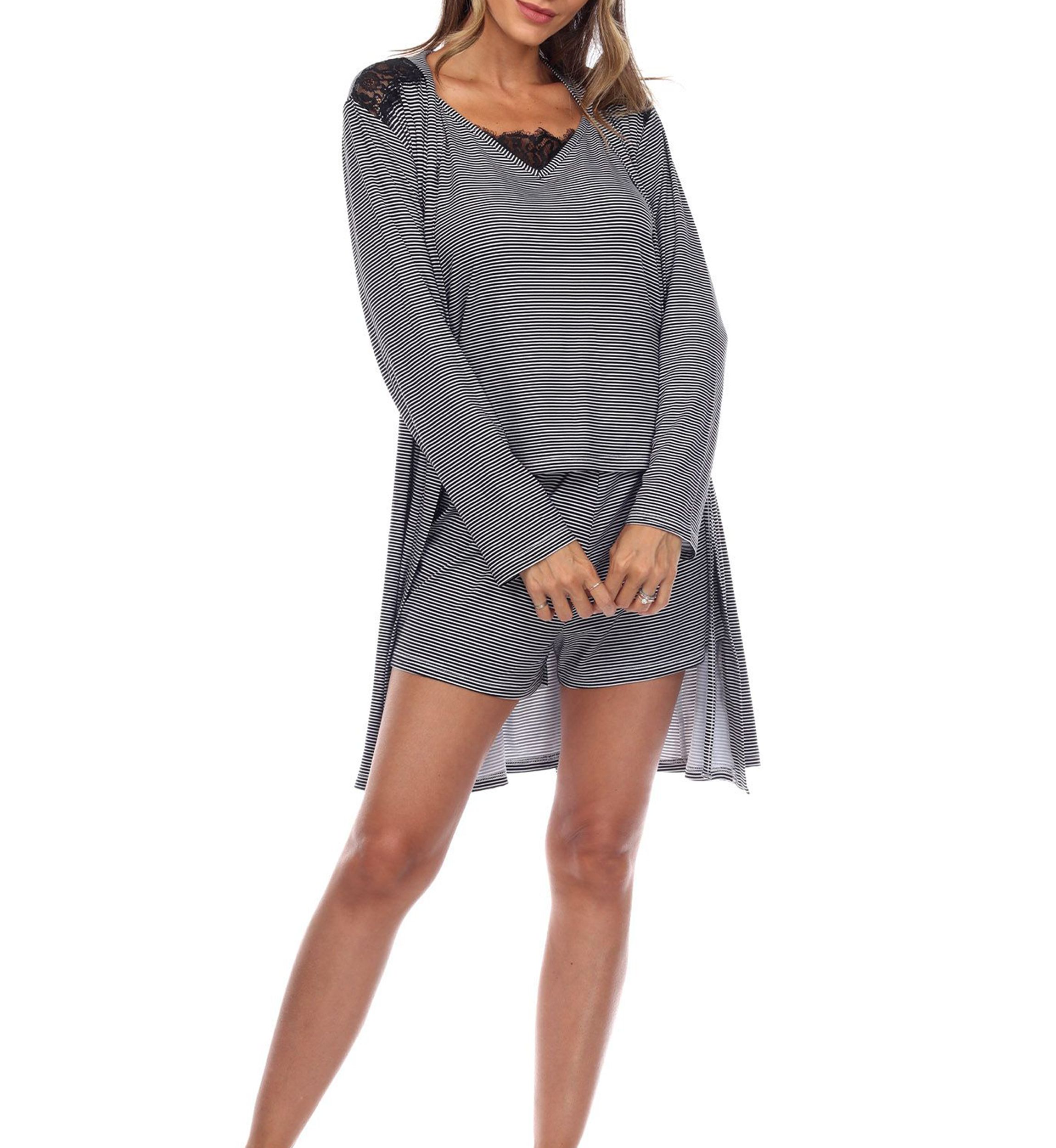 3 Piece Striped Pajama & Robe Set