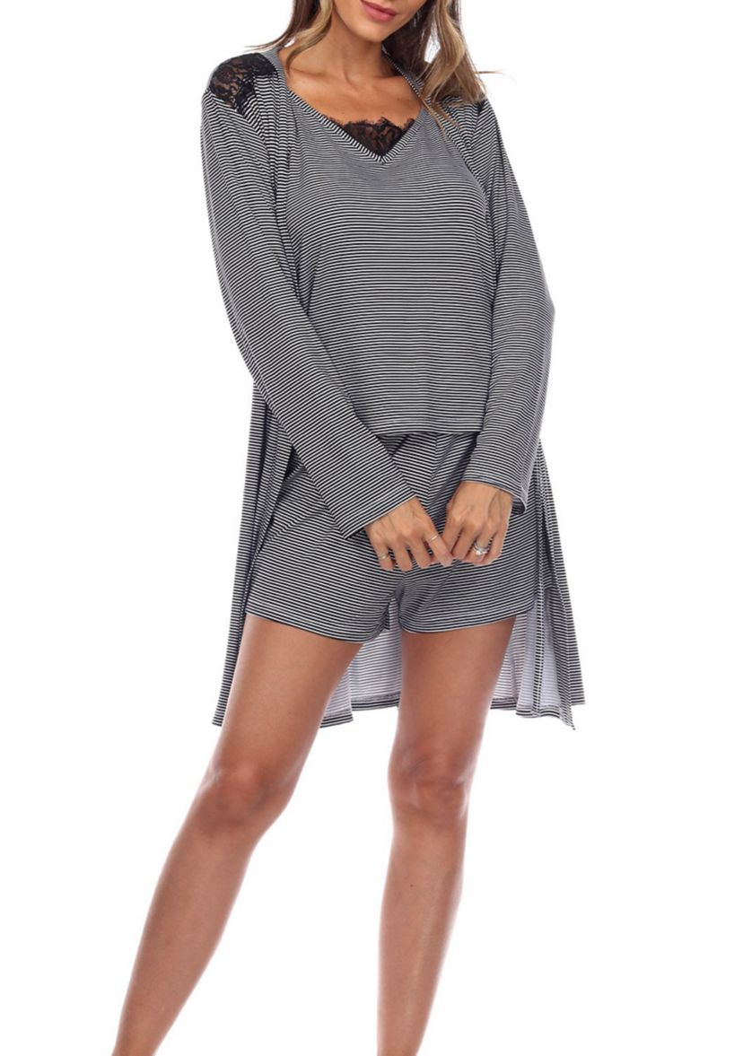 3 Piece Striped Pajama & Robe Set
