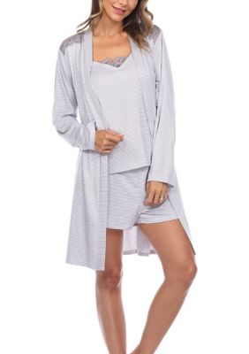 White Mark Women's 3 Piece Striped Pajama & Robe Set, Grey, XL