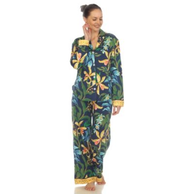 White Mark Women's Two Piece Wildflower Print Pajama Set, Navy Blue, XL