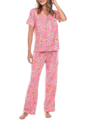 White Mark Women's Short Sleeve & Pants Tropical Pajama Set