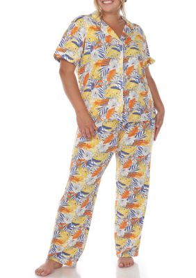 White Mark Women's Plus Size Tropical Print Pajama Set, 2X