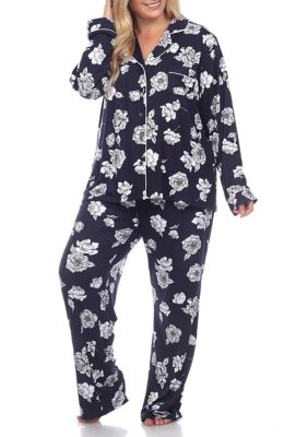 White Mark Women's Plus Size Long Sleeve Floral Pajama Set, Navy Blue, 3X