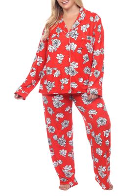 White Mark Women's Plus Size Long Sleeve Floral Pajama Set, Red, 3X