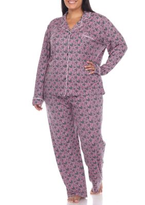 White Mark Women's Plus Size Long Sleeve Heart Print Pajama Set, Grey, 3XL