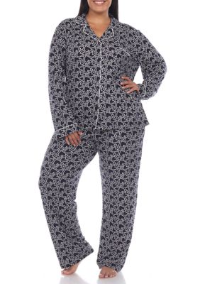 White Mark Women's Plus Size Long Sleeve Heart Print Pajama Set, Navy Blue, 3XL