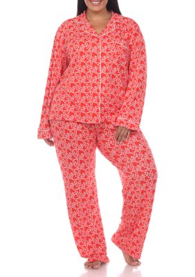 White Mark Women's Plus Size Long Sleeve Heart Print Pajama Set, Red, 3X