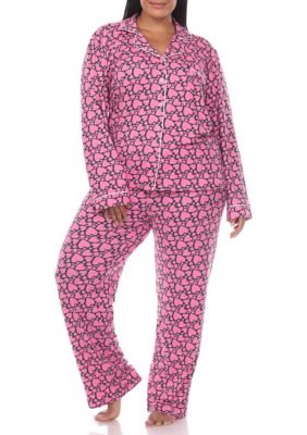 White Mark Women's Plus Size Long Sleeve Heart Print Pajama Set, Pink, 3X