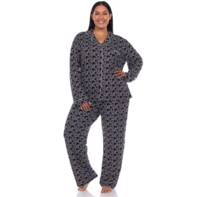 White Mark Women's Plus Size Long Sleeve Heart Print Pajama Set, Black, 3XL