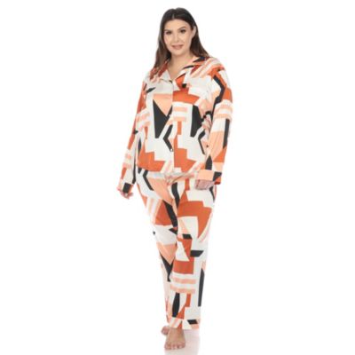 White Mark Women's Plus Size Printed Satin Pajama Set, Orange, 3X