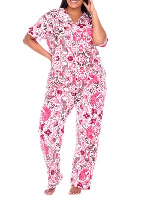 White Mark Women's Plus Size Short Sleeve & Pants Tropical Pajama Set, 3X