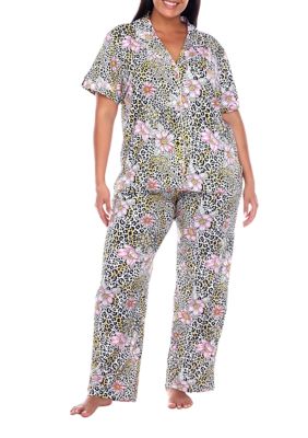 White Mark Women's Plus Size Short Sleeve & Pants Tropical Pajama Set, 3X