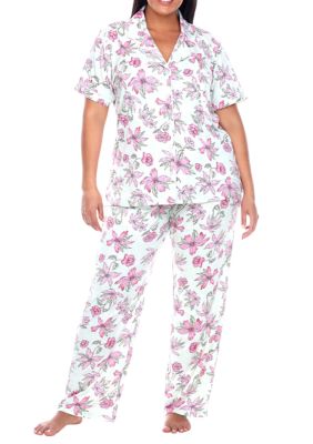 White Mark Women's Plus Size Short Sleeve & Pants Tropical Pajama Set, 3X