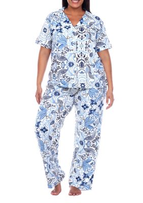White Mark Women's Plus Size Short Sleeve & Pants Tropical Pajama Set