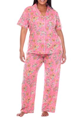 White Mark Women's Plus Size Short Sleeve & Pants Tropical Pajama Set, 3X
