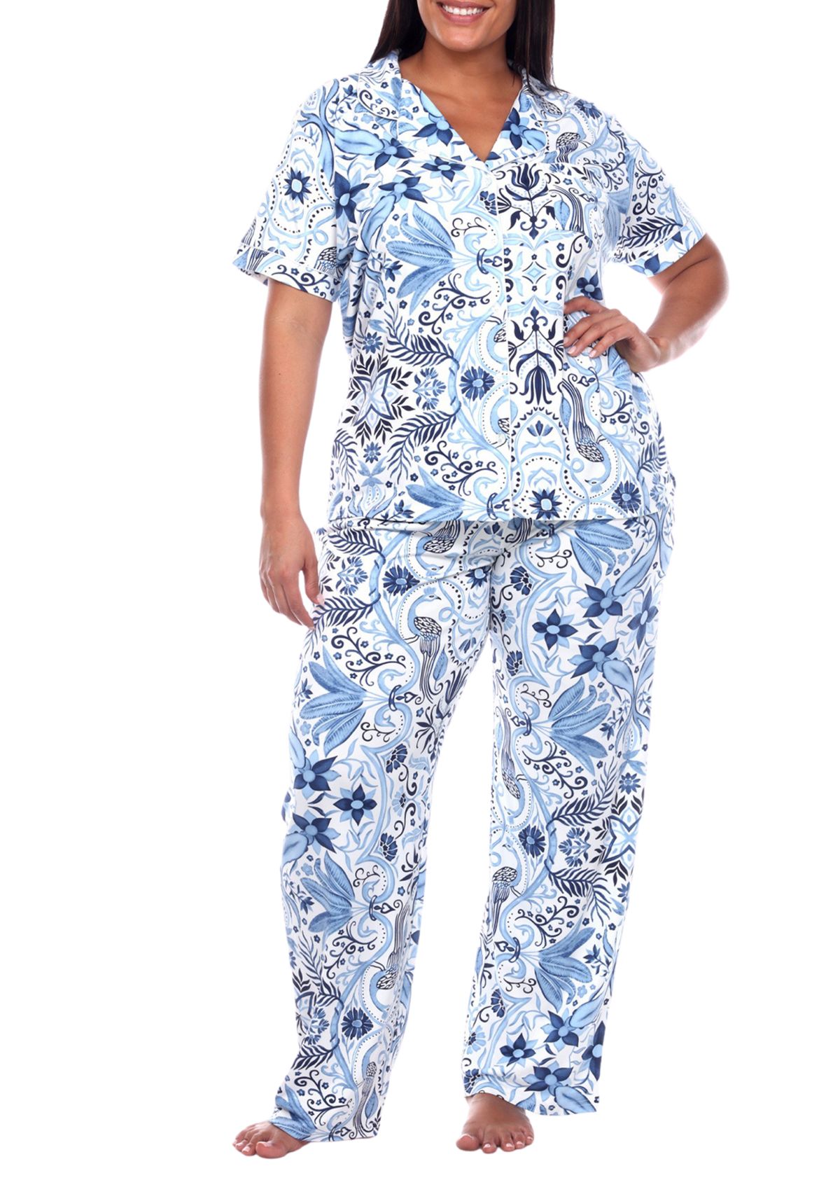 Plus Size Short Sleeve & Pants Tropical Pajama Set