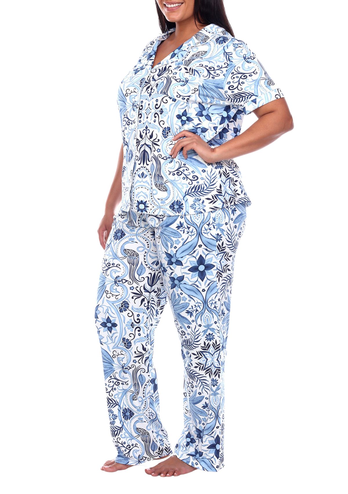 Plus Size Short Sleeve & Pants Tropical Pajama Set
