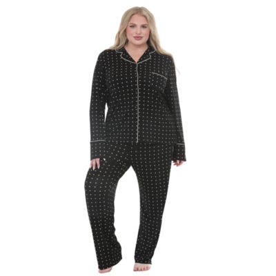 White Mark Women's Plus Size 2-Piece Polka-Dot Button-Front Pajama Set, Black, 3XL